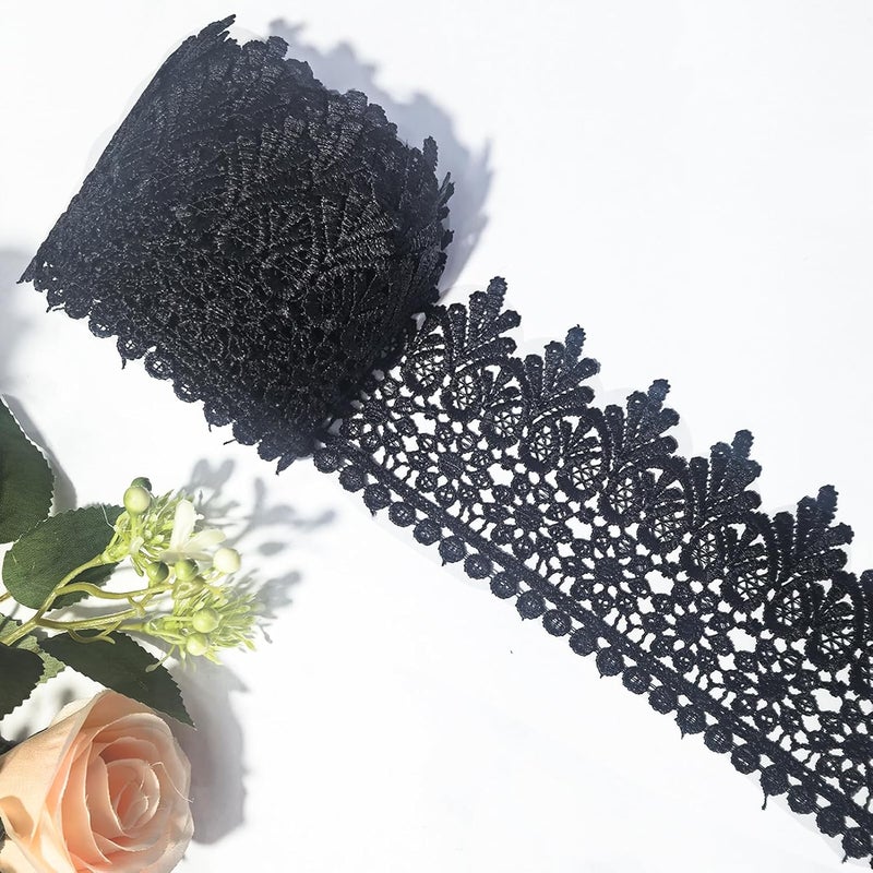 DKKUAYANGUP (Black Floral Lace Trim - 5 Yards, 9cm Wide | Wedding Dress Embellishment, Gift Packaging, Party Decor | DIY Sewing & Craft Supplies - Image 1